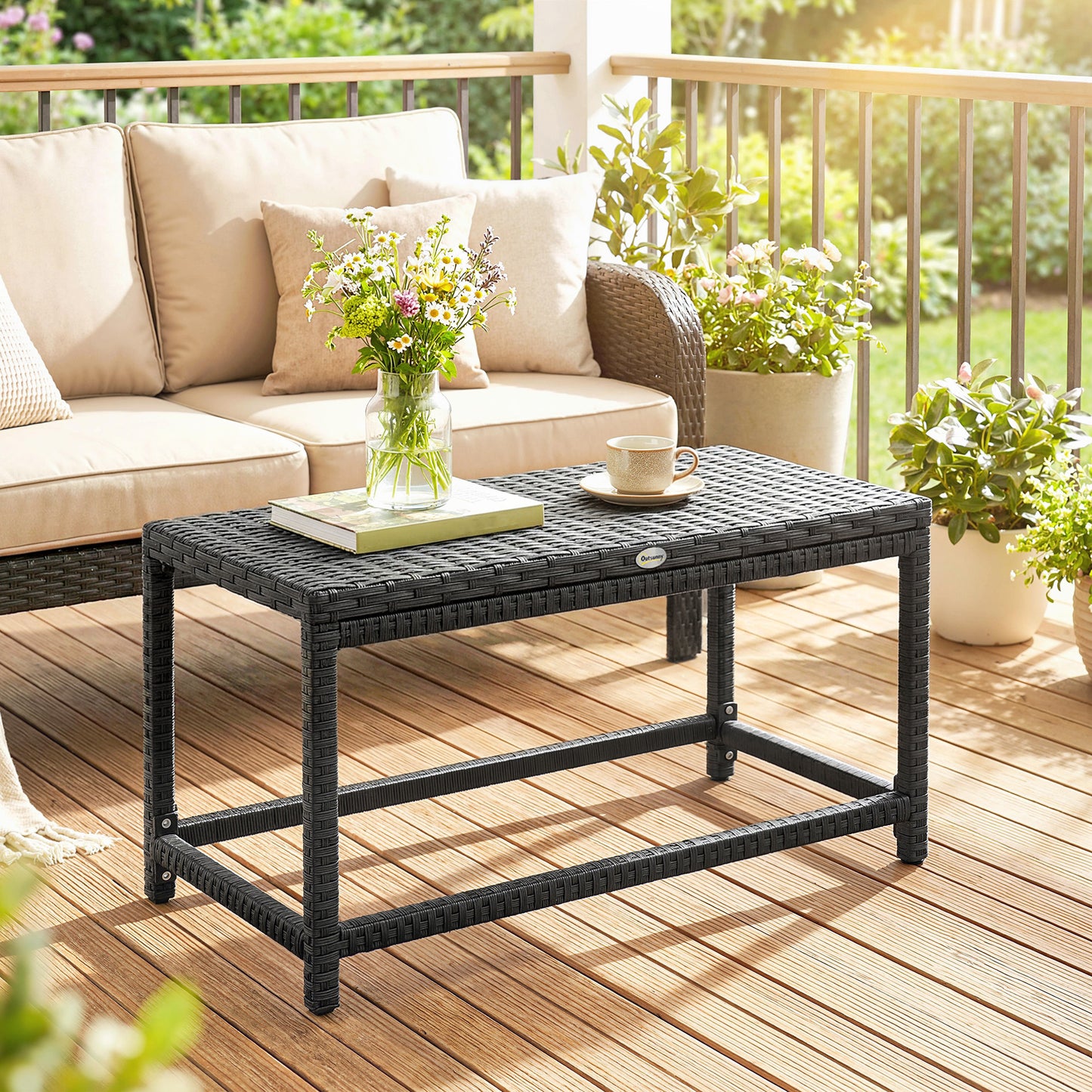 Outdoor Coffee Table Side Table with Rectangular Frame for Patio, Balcony, Black