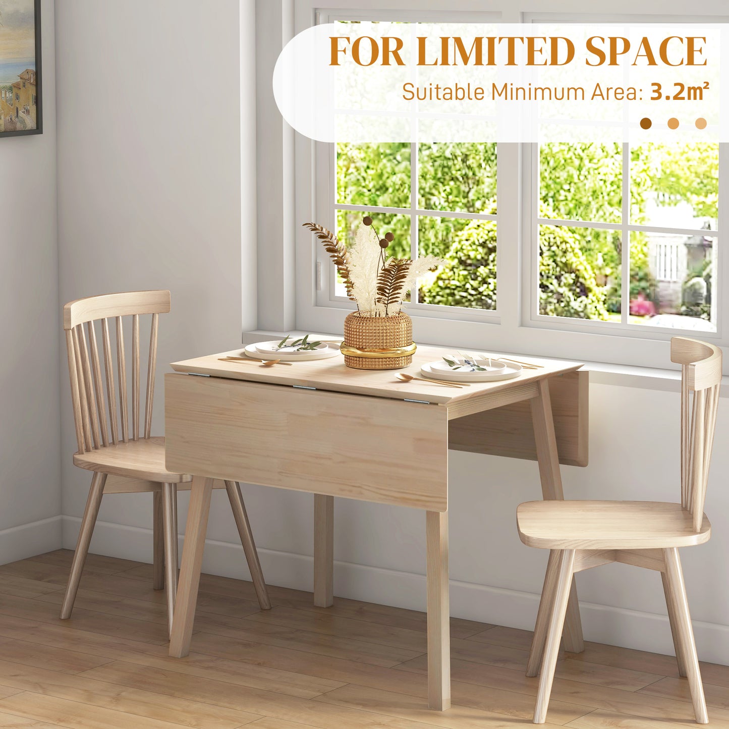 Solid Wood Folding Dining Table, Drop Leaf Table for 2-4 People, Natural Wood Finish