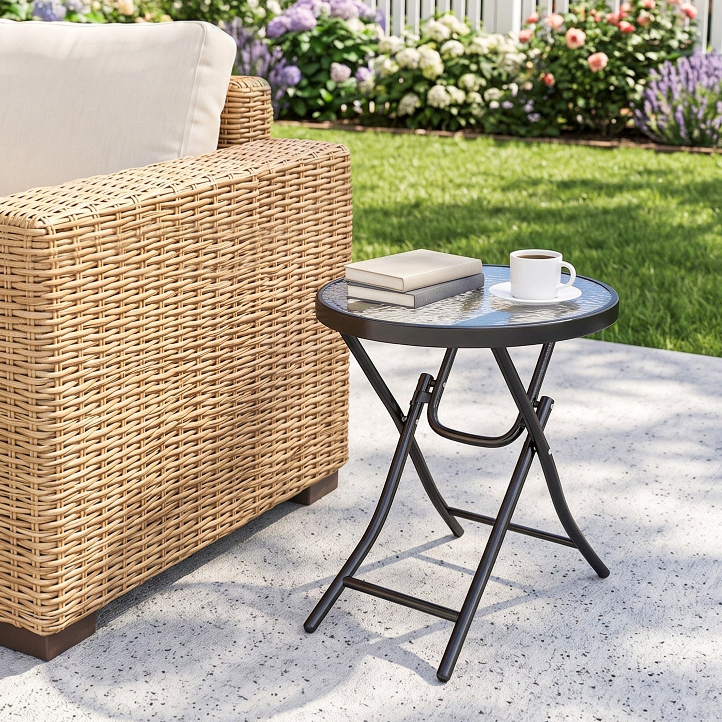 Foldable Garden Side Table, Round Folding Table with Glass Tabletop and Safety Buckle for Patio, Garden, Outdoor, Indoor