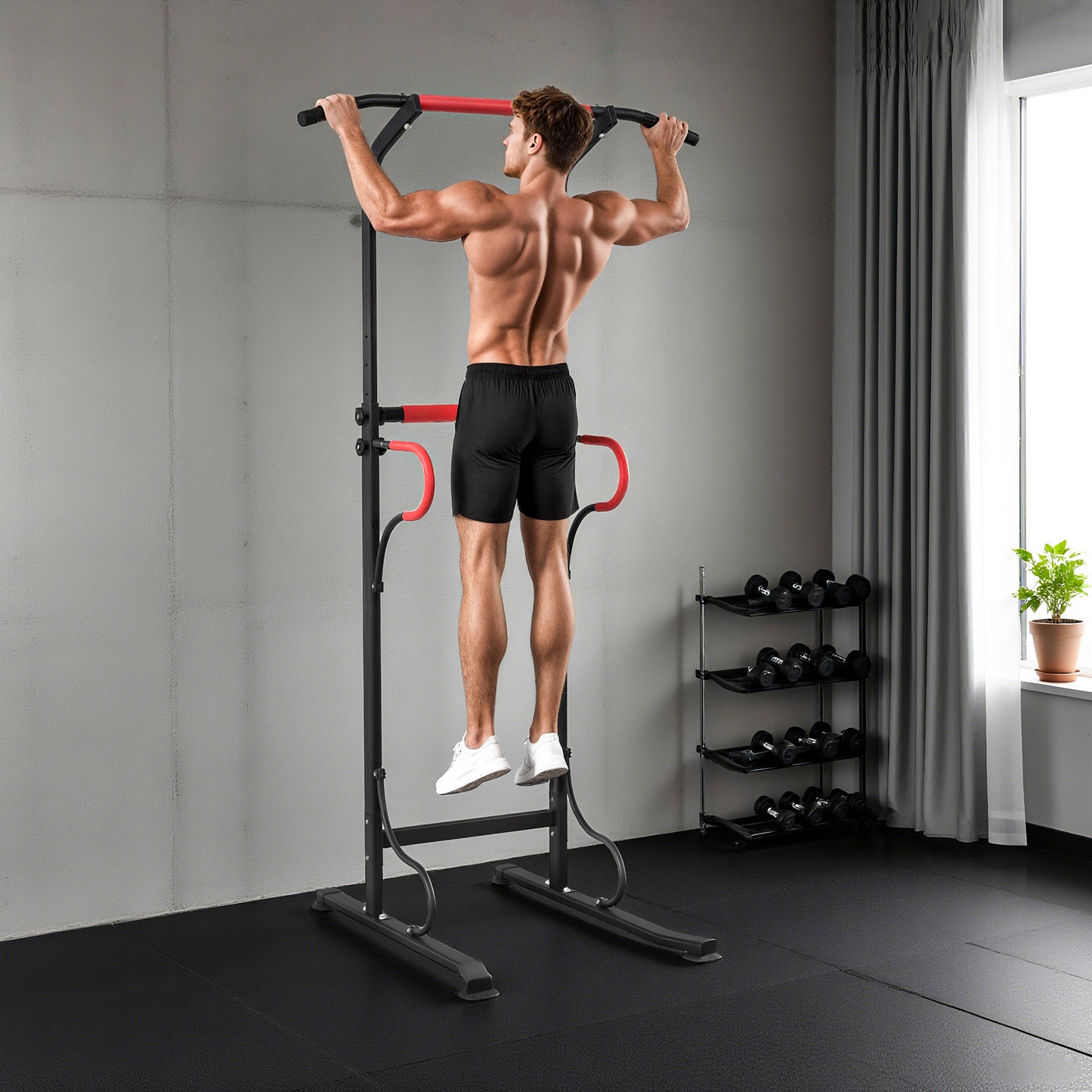 Steel Multi-Use Exercise Power Tower Pull Up Station Adjustable Height W/ Grips