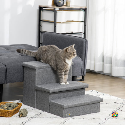 3 Steps Pet Stairs, with Storage Boxes, for Bed, Couches - Grey