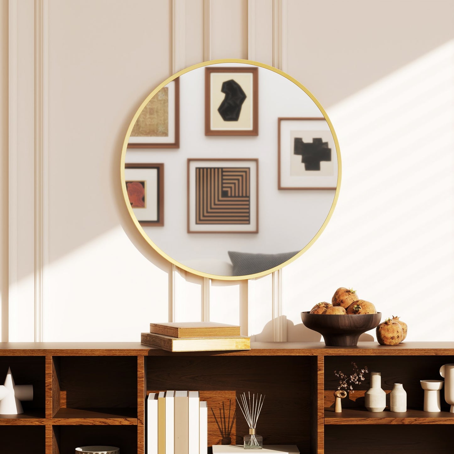 61cm Decorative Wall Mirror for Bedroom Living Room, Modern Round Bathroom Mirror for Home Decor, Gold Tone