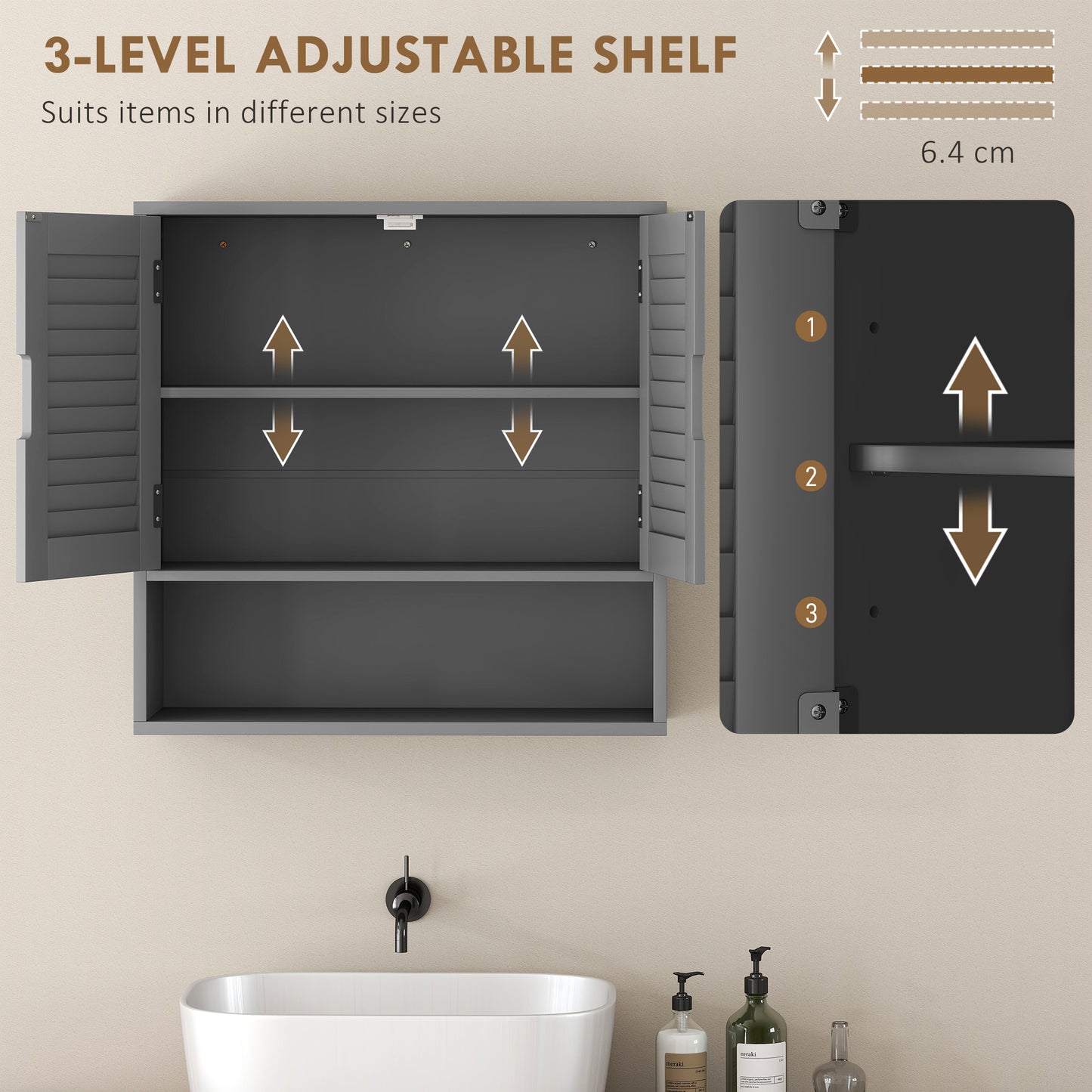 Bathroom Cabinet, Wall Mounted Storage Cabinet with Adjustable Shelves, 60 x 20 x 60 cm, Grey