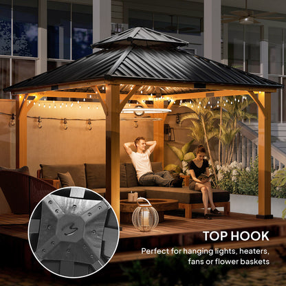 3.5 x 3.5m Outdoor Hardtop Gazebo Canopy with Two-tier Metal Roof and Solid Wood Frame Outdoor Patio Shelter for Patio