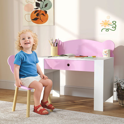 Kids Desk and Chair Set with Drawer for Drawing, Reading, Bear Theme Children Furniture for Bedroom, Daycare, Pink