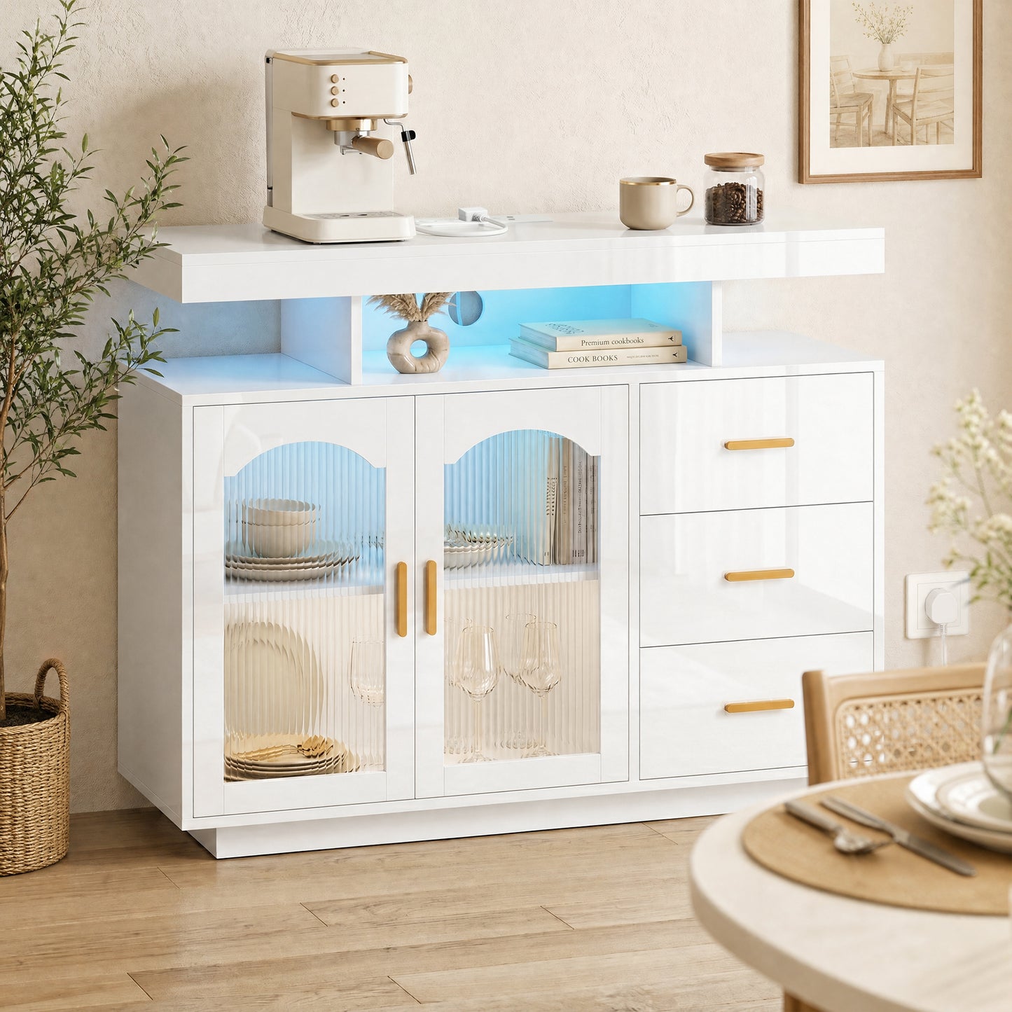 High Gloss Sideboard with LED Lights, Built-in Power Outlets, 3 Drawers, Shelves and 2 Acrylic Doors, White