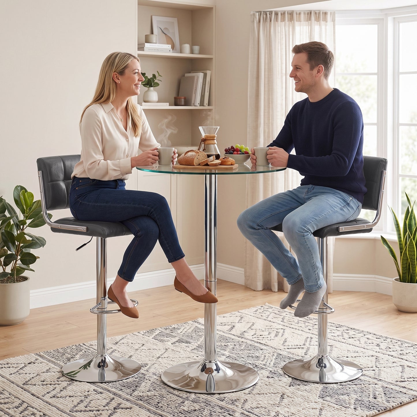 Bar Stools Modern PU Leather Adjustable Breakfast Bar Stools Backrest Set of 2 Grey