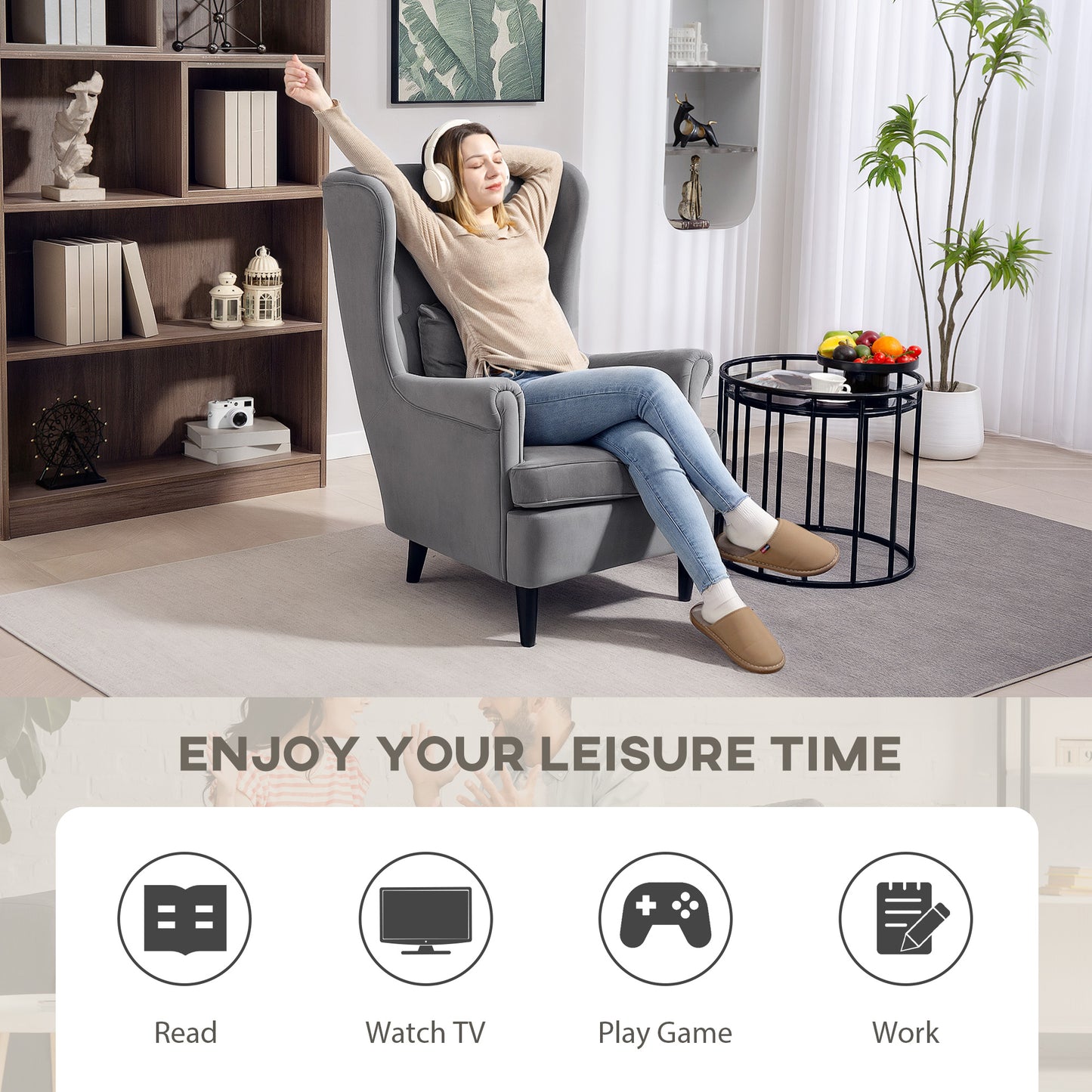 Modern Accent Chair with High Backrest and Pillow, Velvet-Feel Fabric Reading Chair with Solid Wood Legs, Grey