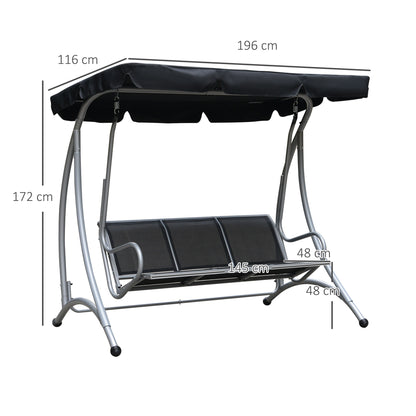 Three Person Steel Outdoor Porch Swing Chair Bench with Canopy Cover - Black