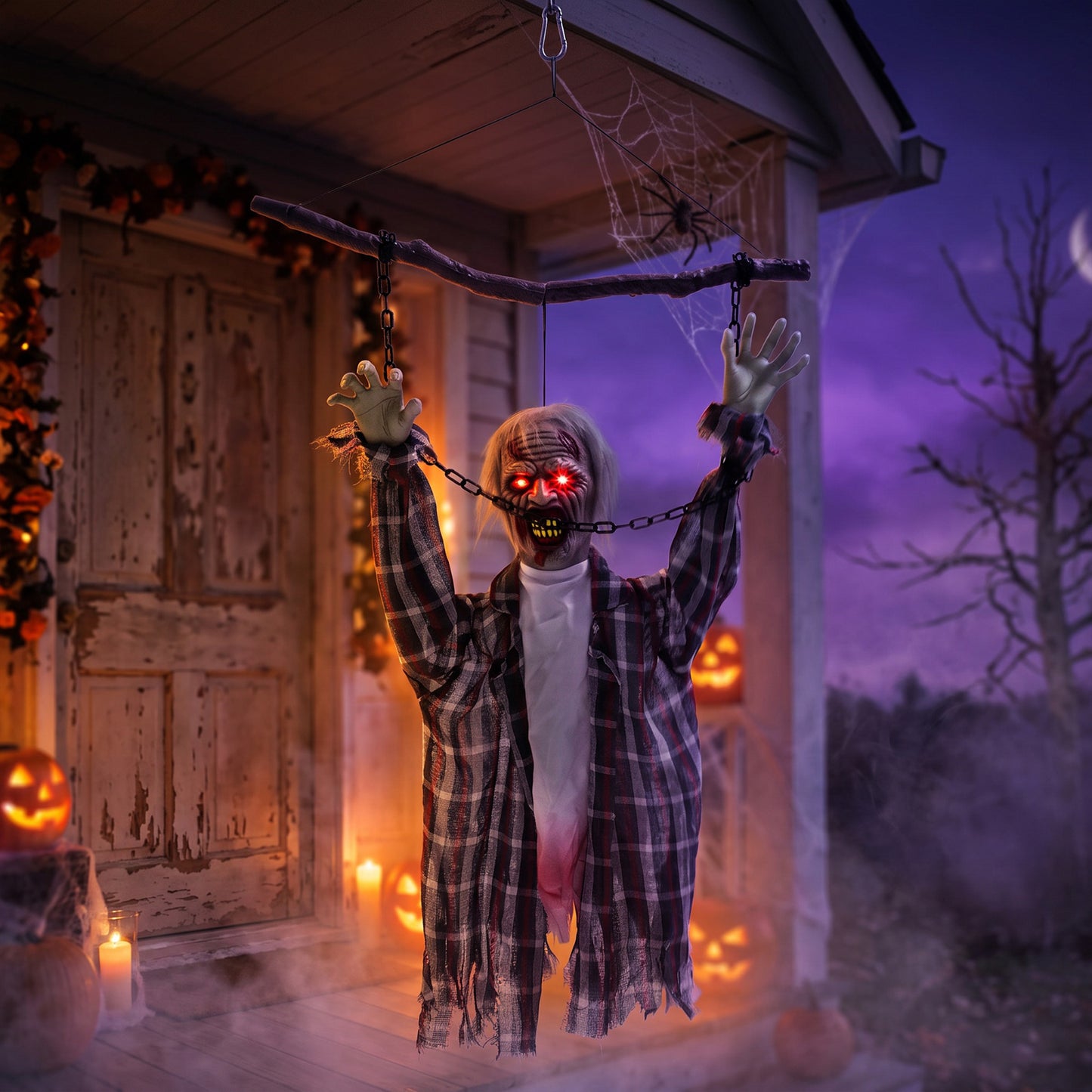 110cm Screaming Animated Hanging Halloween Decoration, Sound Touch Activated Zombie Decor with Glowing Red Eyes