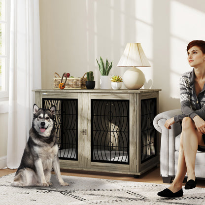 46.46'' Dog Crate Furniture Table with Soft Washable Cushion and Lockable Door, for Large Indoor Dogs, Grey