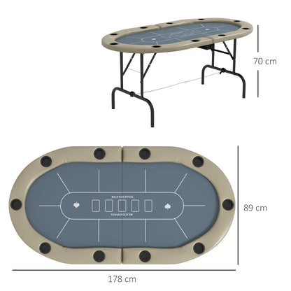 8 Player Folding Poker Table, with Cup Holders, Cushioning Edge, Brown and Blue