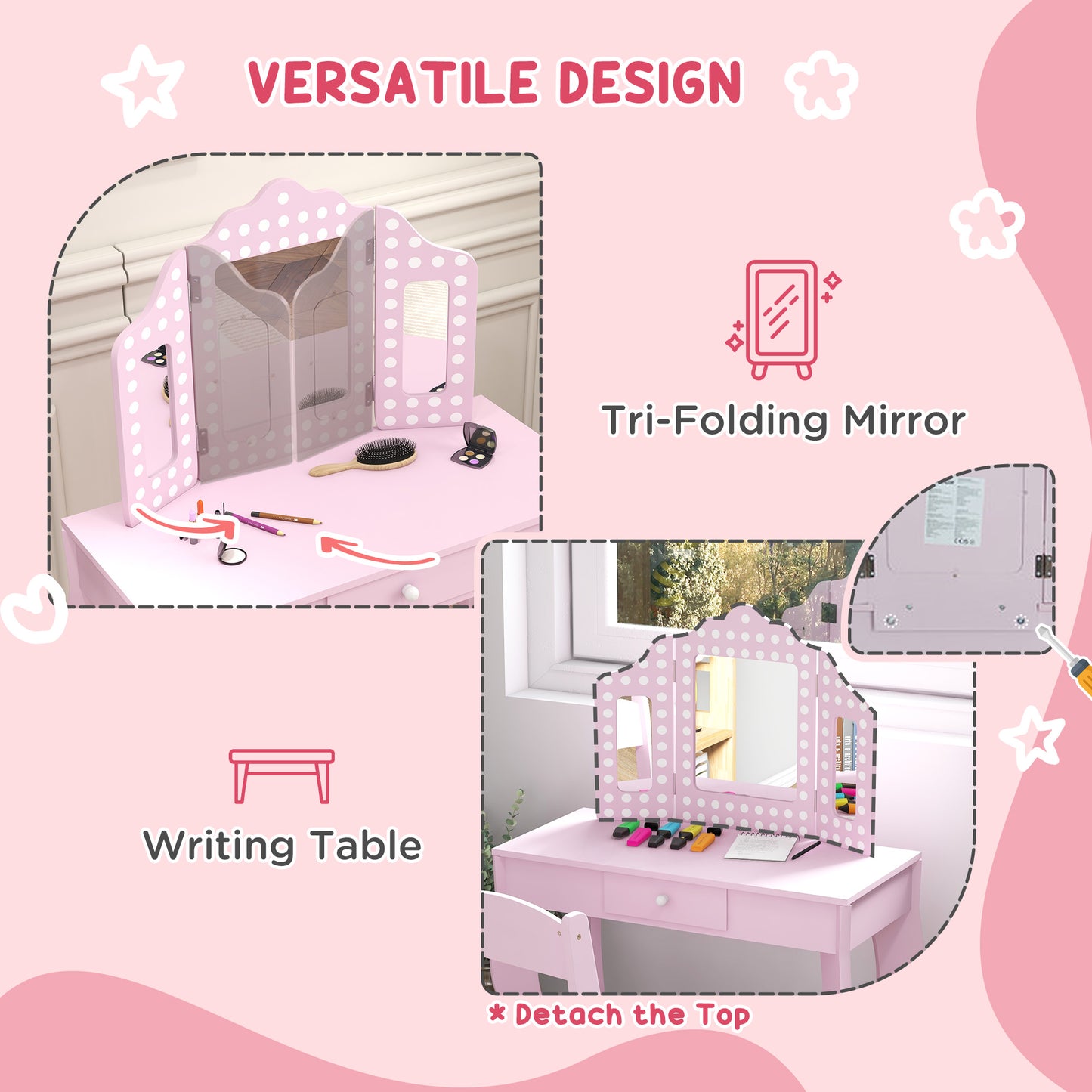 Kids Dressing Table Sets with Stool and Tri-Fold Mirror, Drawer for Playroom, Bedroom - Pink