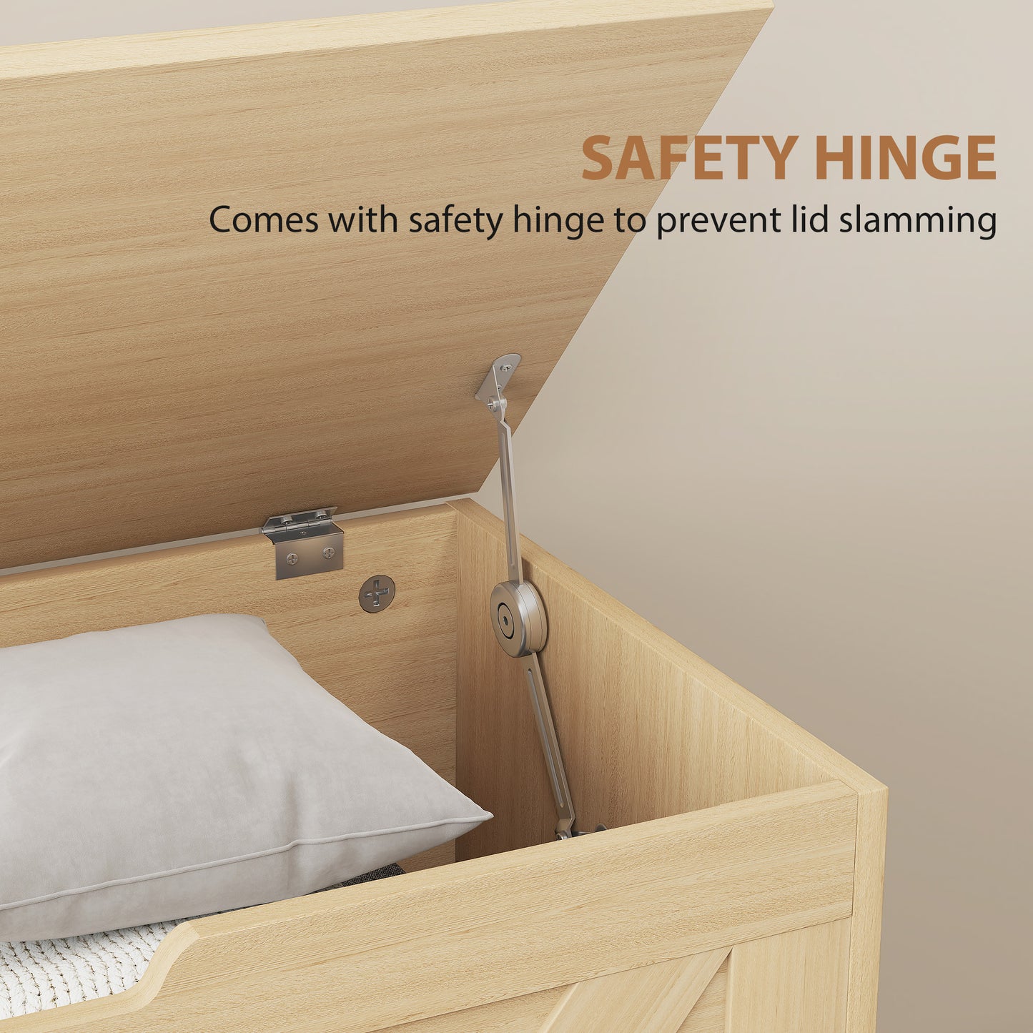 100L Home Storage Box, with Safety Hinge - Natural Wood Finish