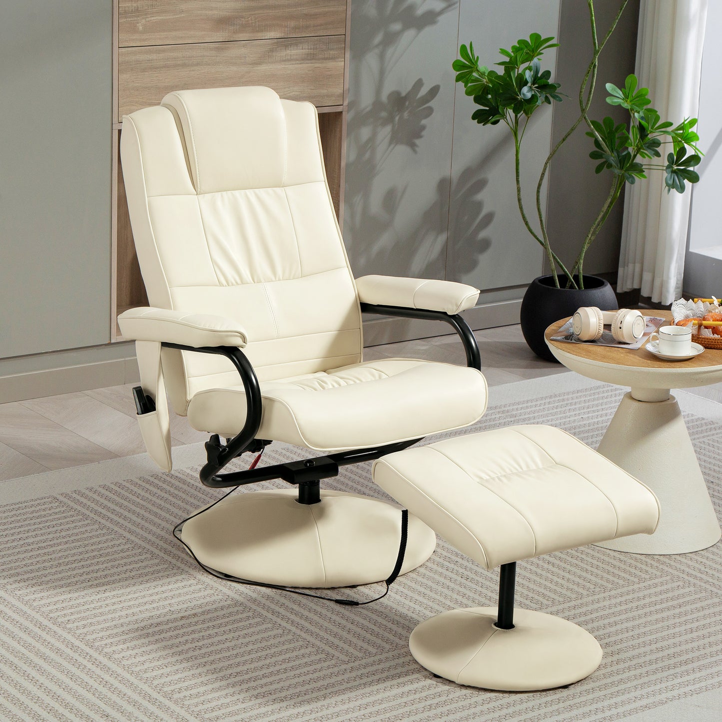Swivel Recliner Chair and Footstool, Faux Leather Massage Recliner Armchair with Remote Control and Round Wrapped Base
