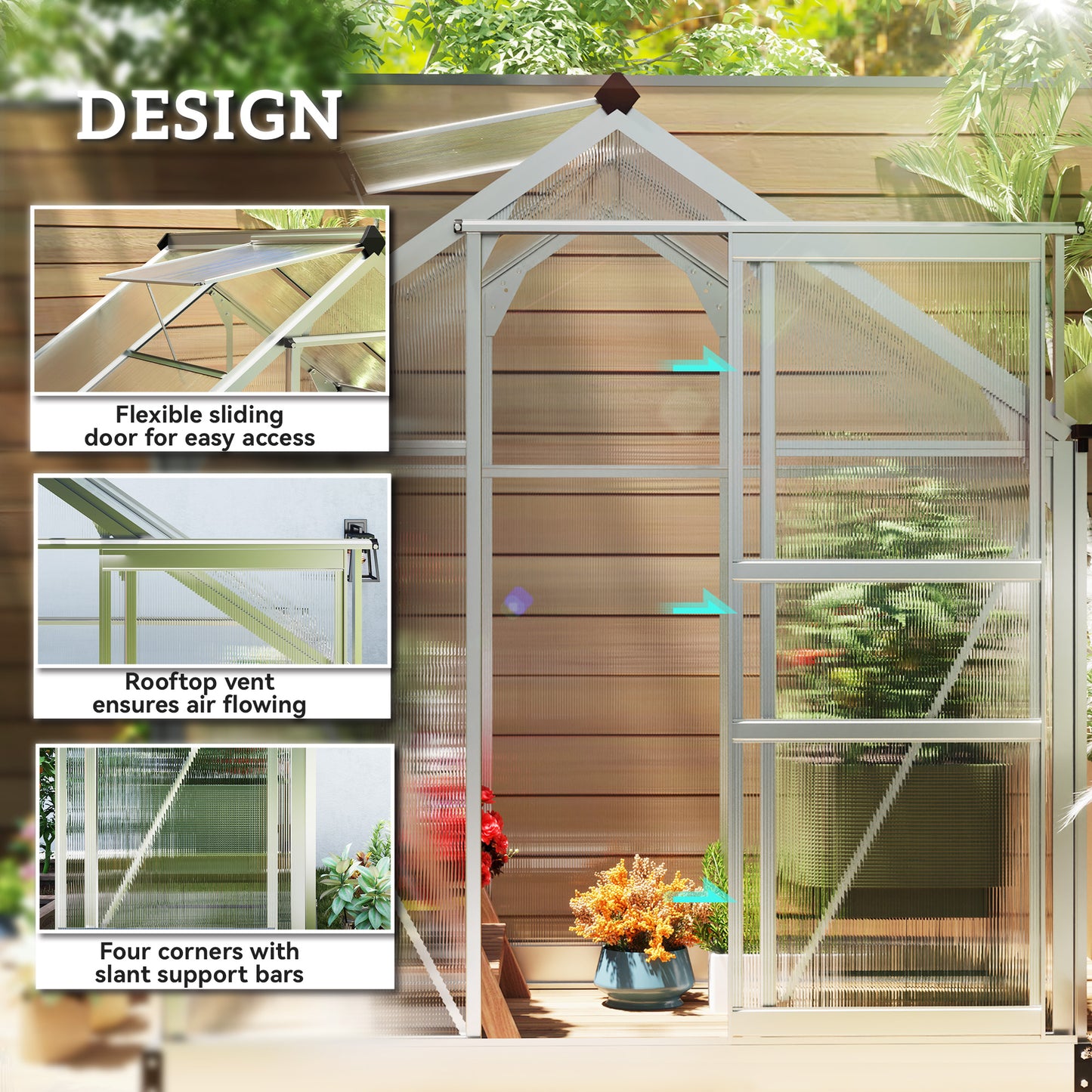 Polycarbonate Greenhouse, Large Walk-In Green House with Slide Door and Window, Aluminium Frame, 6x4ft, Silver Tone