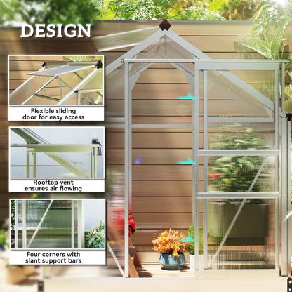 Polycarbonate Greenhouse, Large Walk-In Green House with Slide Door and Window, Aluminium Frame, 6x4ft, Silver Tone