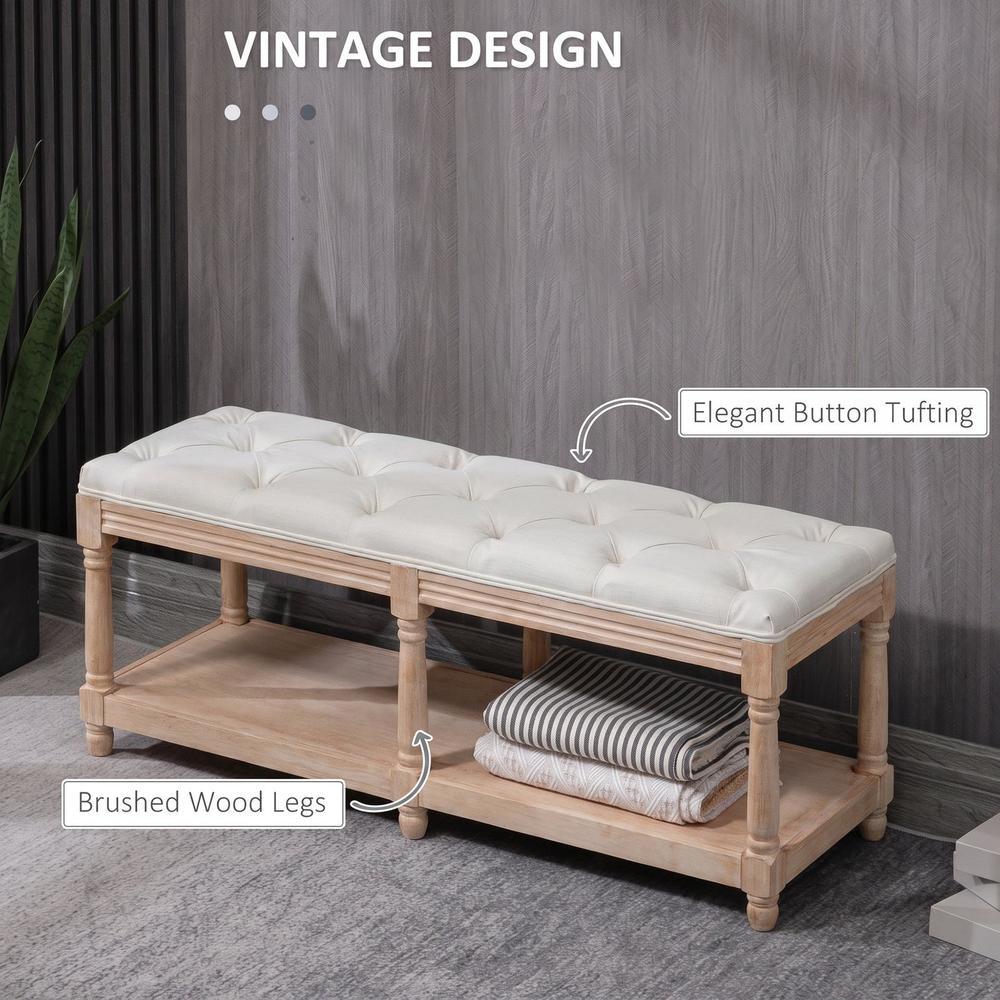 2-Tier Bed End Bench, Vintage Stool, Wooden Window Seat with Storage Shelf