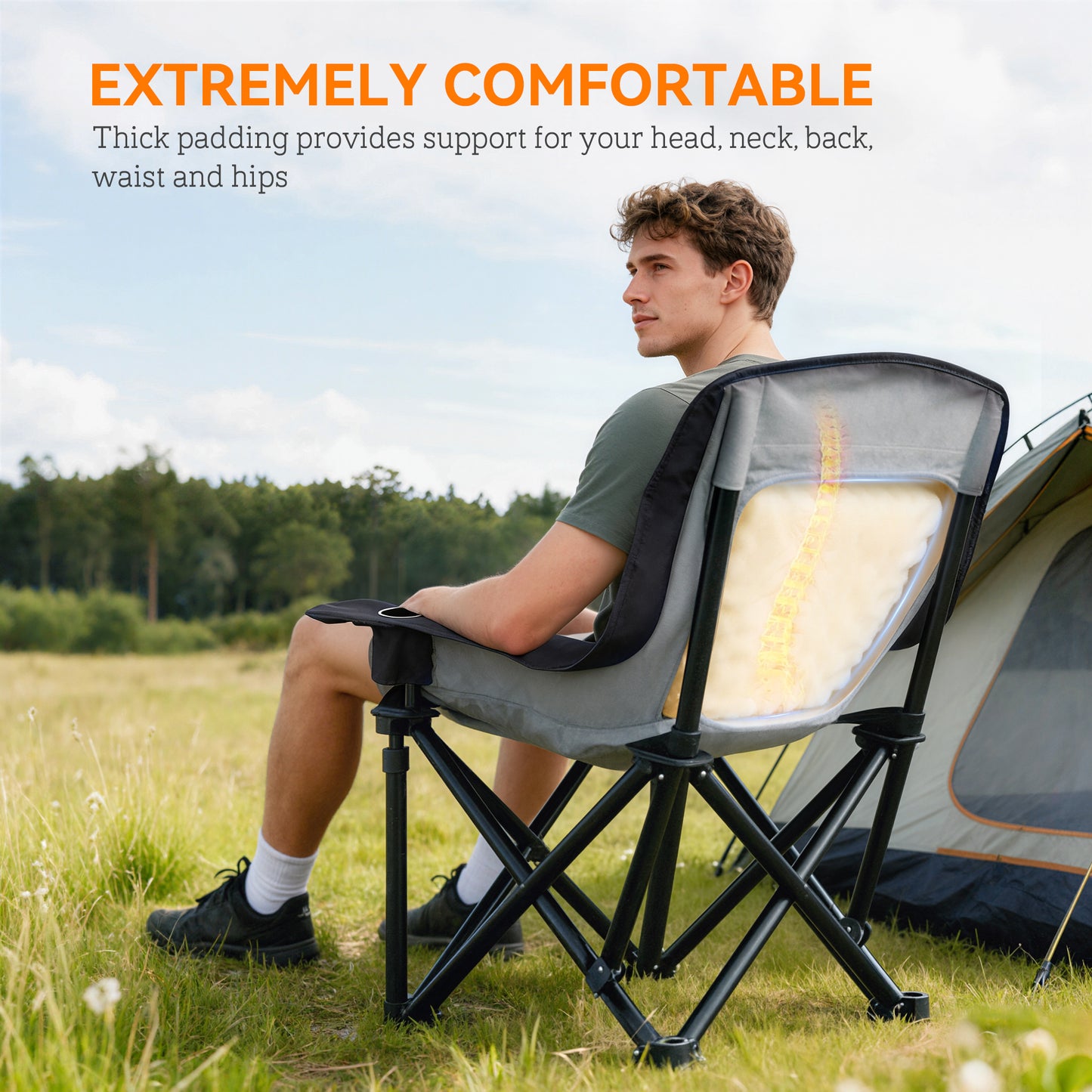 Portable Padded Camping Chair, with Bag - Black/Grey