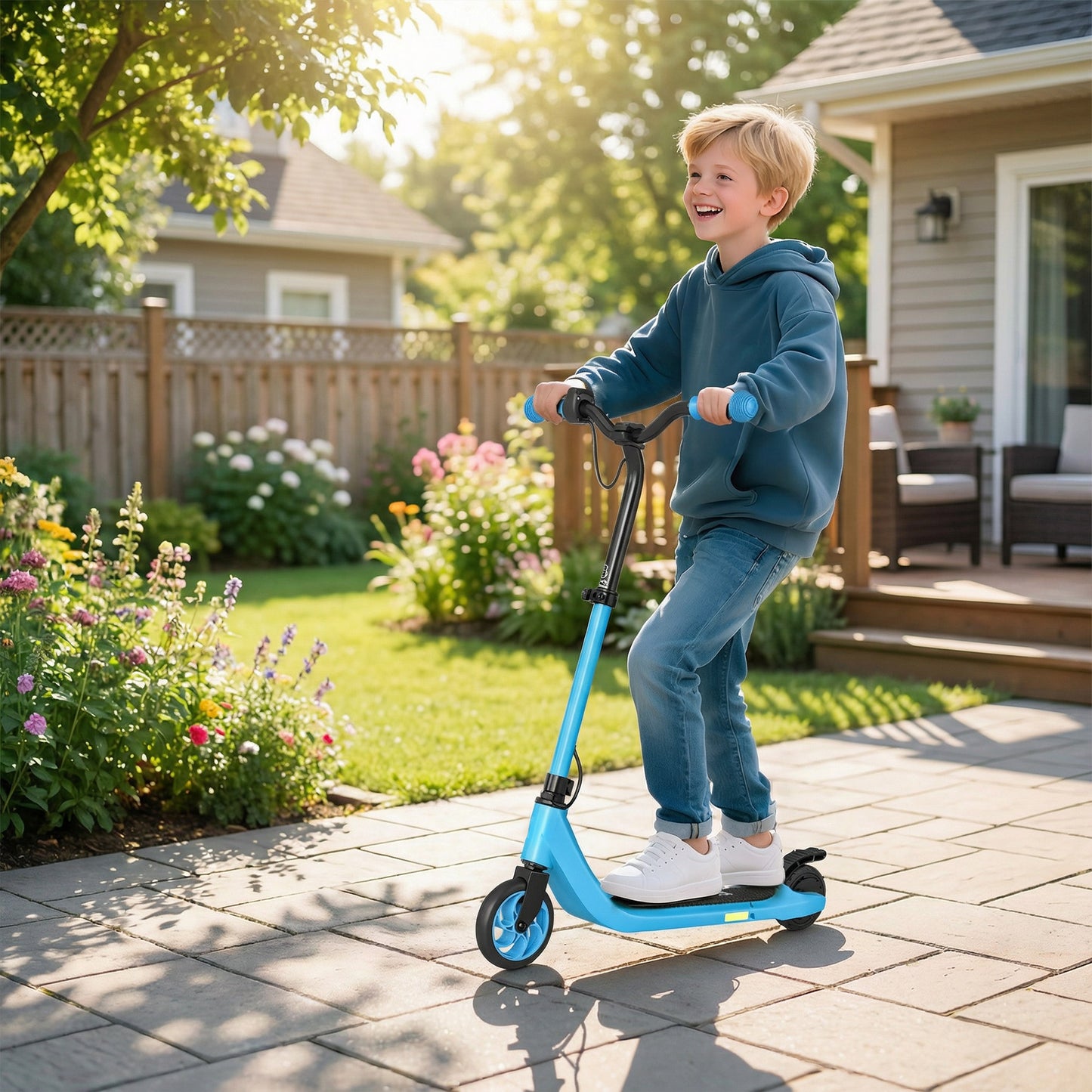 Electric Scooter for Kids 6+, Foldable E Scooter, Up to 8 KM/H, Maximum Range 6 KM, Adjustable Height, Blue