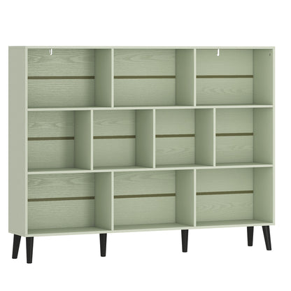 10-Cube Bookcase, 3-Tier Book Shelf with Solid Wood Legs, 140 cm Modern Bookshelf with Anti-Tip Kit, Light Green