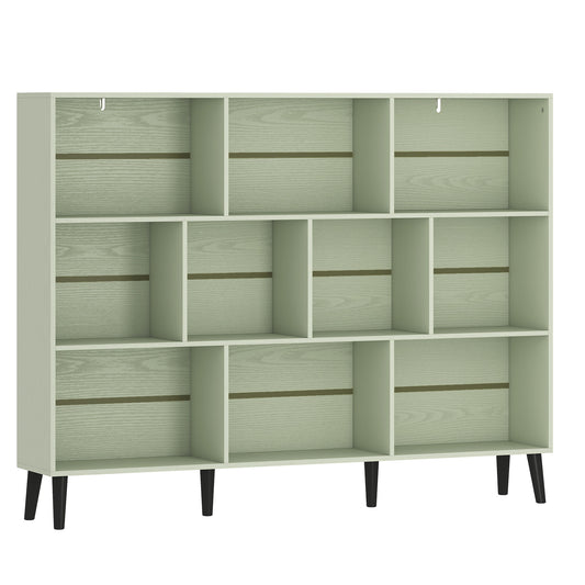 10-Cube Bookcase, 3-Tier Book Shelf with Solid Wood Legs, 140 cm Modern Bookshelf with Anti-Tip Kit, Light Green