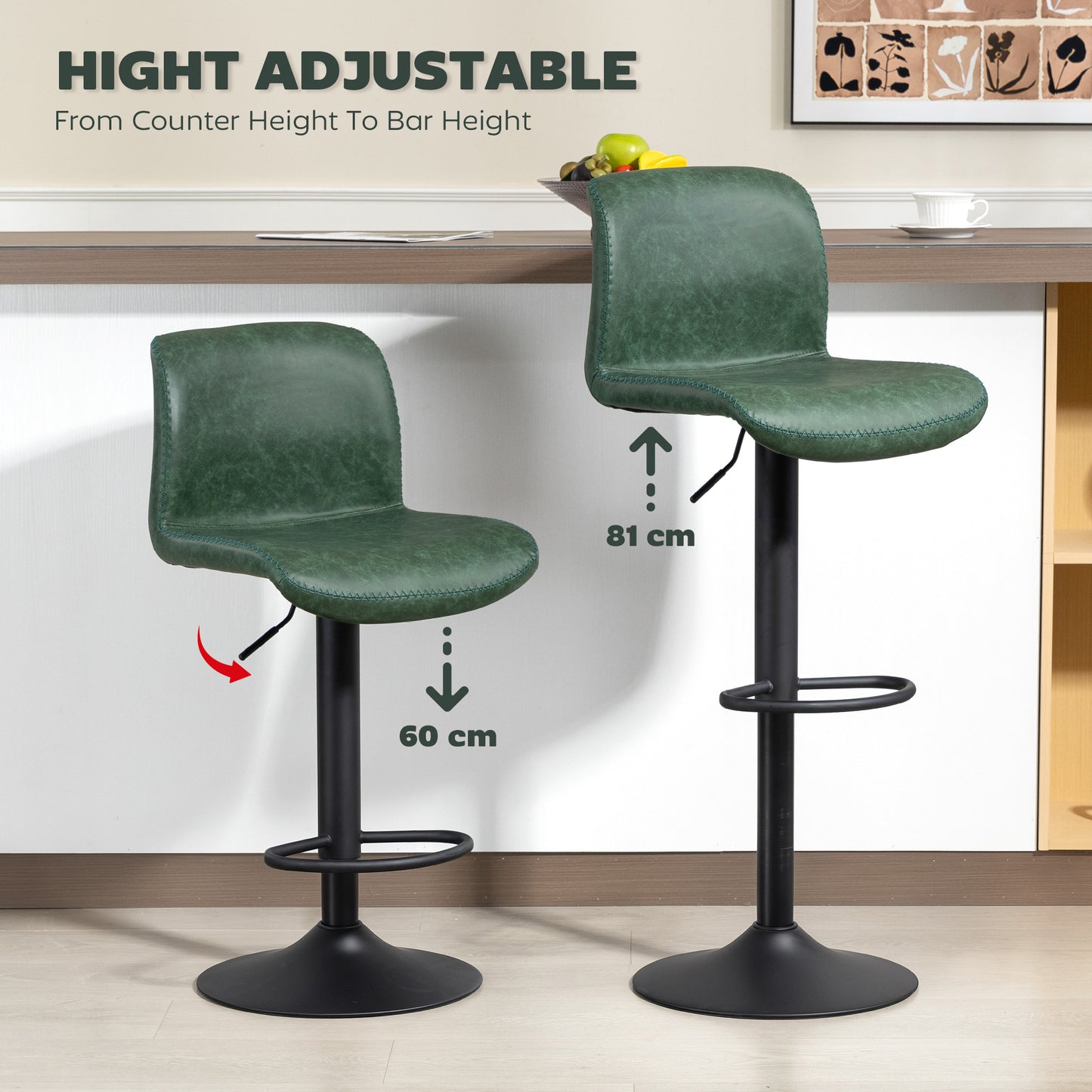 Bar Stools Set of 2, PU Leather Barstools with Backrest and Footrest for Kitchen, Counter, Breakfast Bar, Green