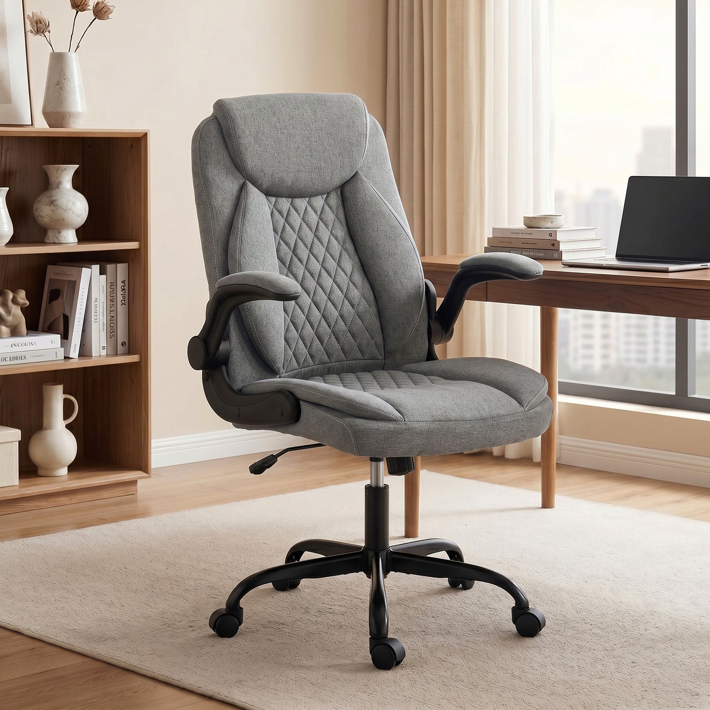 Linen-Look Computer Desk Chair, Executive Office Chair with Flip-Up Armrests and Thick Cushion, Grey