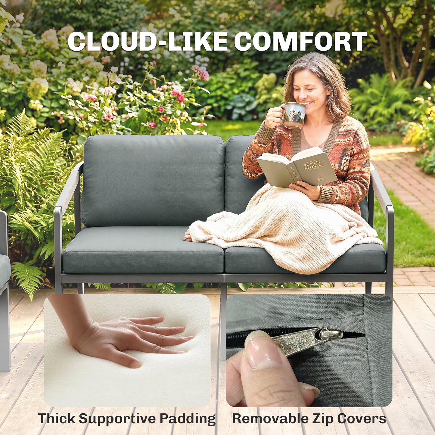 Aluminium Garden Furniture Set, 4 Seater Outdoor Patio Furniture with Loveseat, 2 Armchairs, Slatted Table
