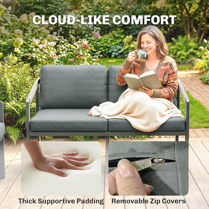 Aluminium Garden Furniture Set, 4 Seater Outdoor Patio Furniture with Loveseat, 2 Armchairs, Slatted Table