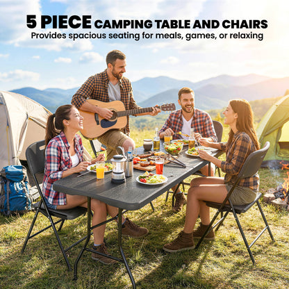 5 Piece 6ft Foldable Table and Chairs, Portable Picnic Table Set with 4 Chairs, Waterproof Top and Steel Frame, Black
