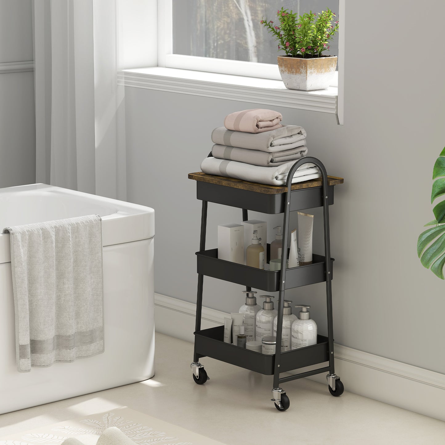 3-Tier Kitchen Storage Trolley with on Wheels Cover Top Board - Rustic Brown and Black
