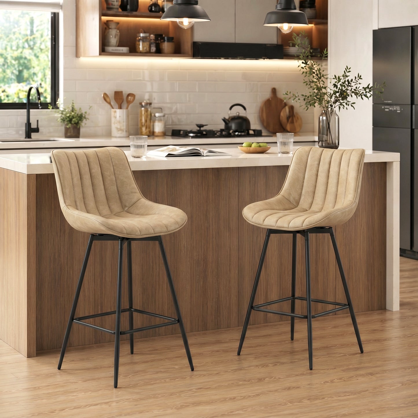 Set of 2 PU Leather Swivel Bar Stools - Light Brown