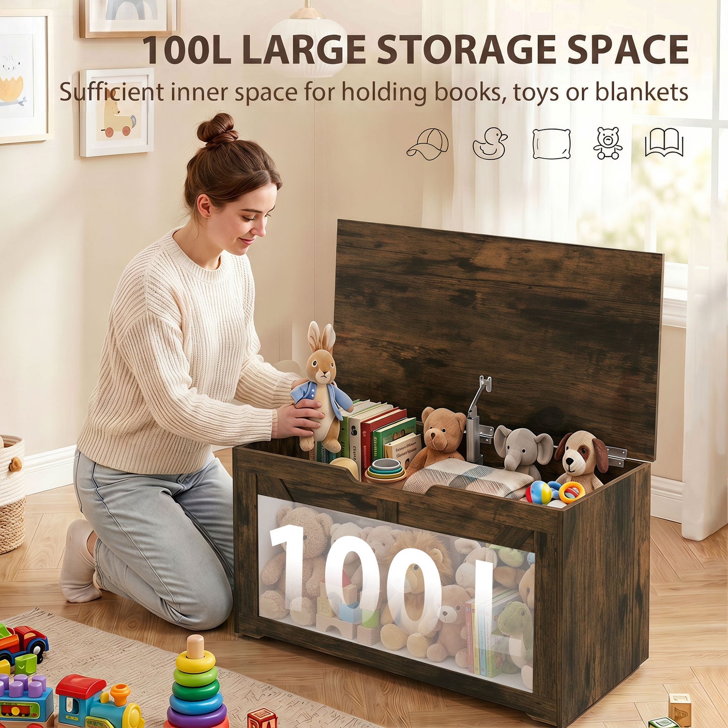 100L Home Storage Box, with Safety Hinge - Rustic Brown Wood-Effect
