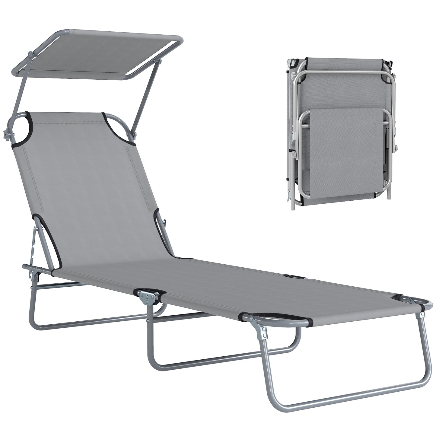 Folding Sun Lounger with Canopy, Reclining Sunbed with 4-Position Adjustable Backrest, 600D Oxford Cloth