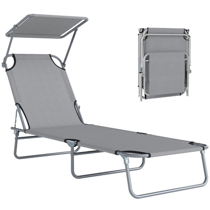 Folding Sun Lounger with Canopy, Reclining Sunbed with 4-Position Adjustable Backrest, 600D Oxford Cloth