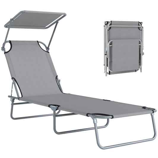 Folding Sun Lounger with Canopy, Reclining Sunbed with 4-Position Adjustable Backrest, 600D Oxford Cloth