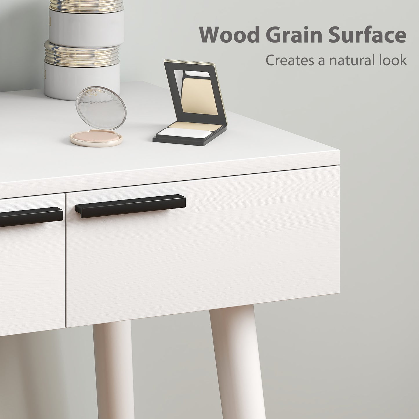 Modern Dressing Table with Round Mirror and Stool, Makeup Vanity Table with 2 Drawers for Bedroom, Living Room