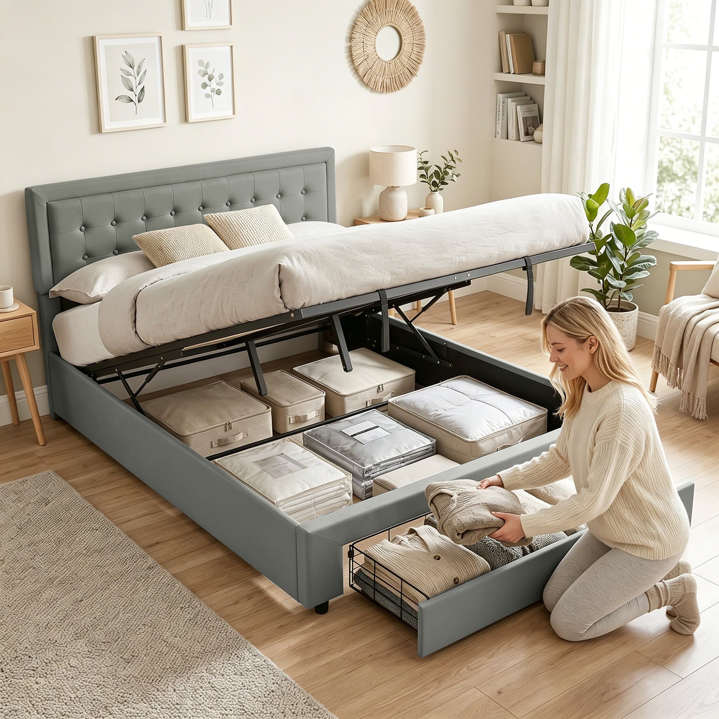 PU Leather King Size Ottoman Bed Frame, with Front Drawer - Grey
