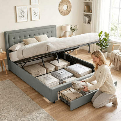 PU Leather King Size Ottoman Bed Frame, with Front Drawer - Grey