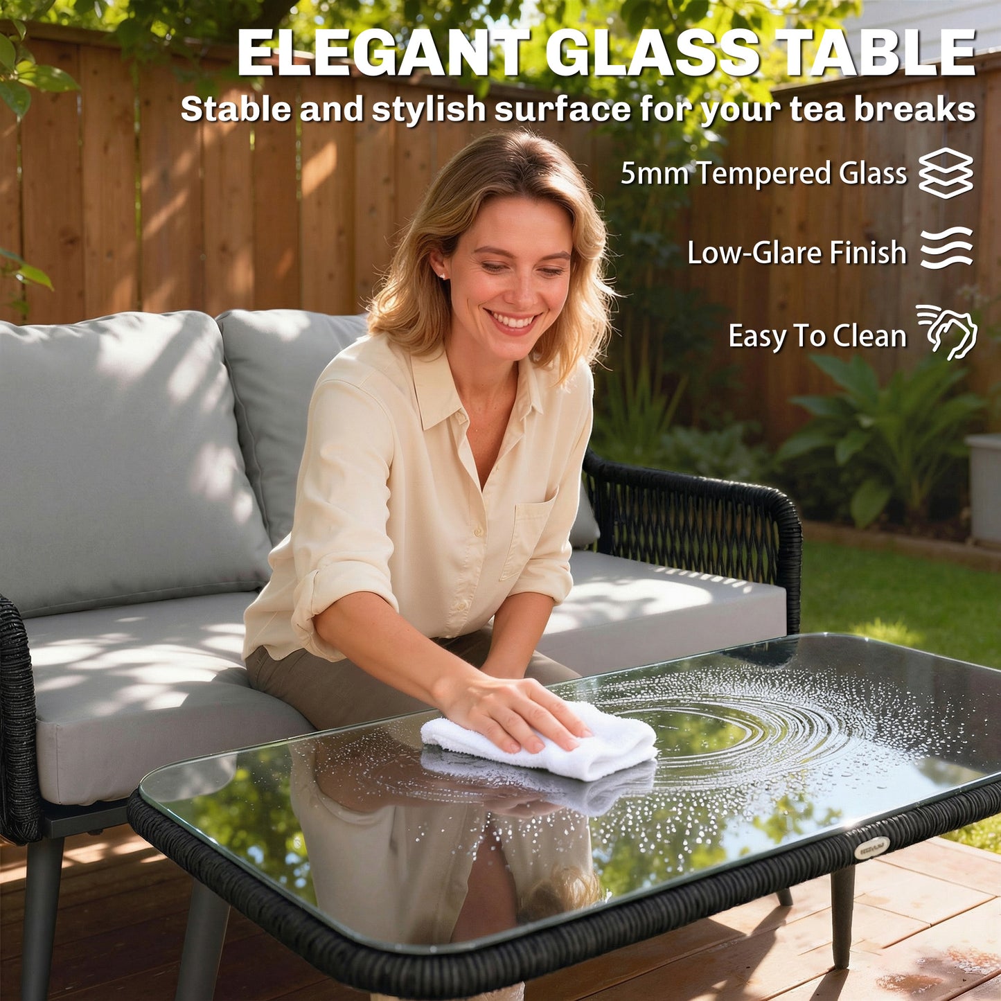 Rattan Garden Furniture Set, 4 Piece Outdoor Patio Furniture with Tempered Glass Table and Chairs