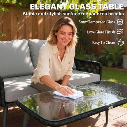 Rattan Garden Furniture Set, 4 Piece Outdoor Patio Furniture with Tempered Glass Table and Chairs