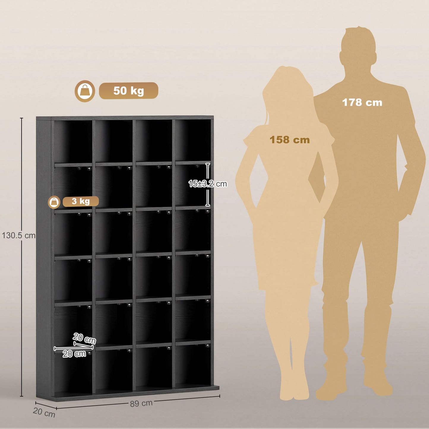 CD Storage Unit with Adjustable Shelves, 89 x 130.5 cm, Black