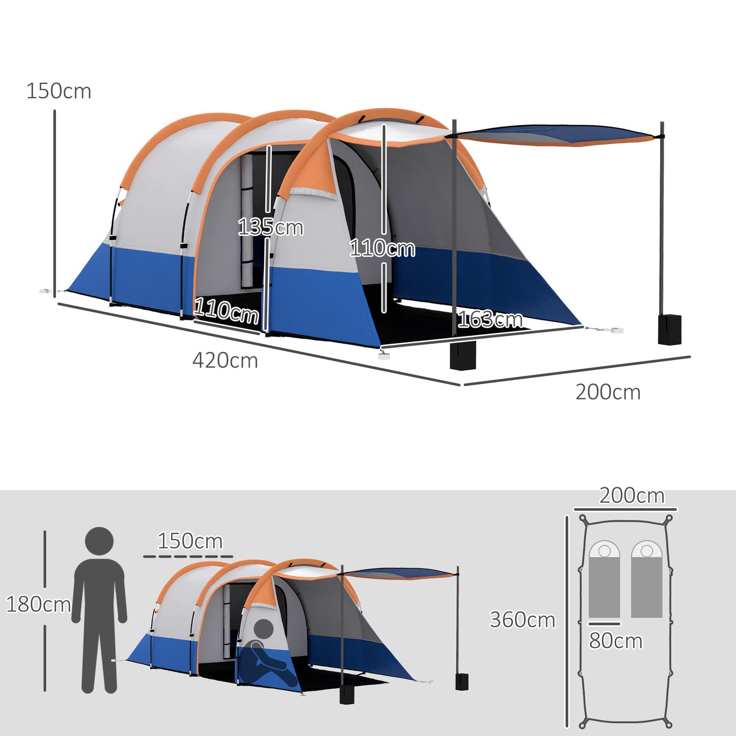 Two Man Two-Room Tent, with Porch and Accessories - Orange