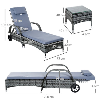 Rattan Wicker Garden Wheeling Recliner Sun Loungers with Cushions and Side Coffee Table - 3 Pieces