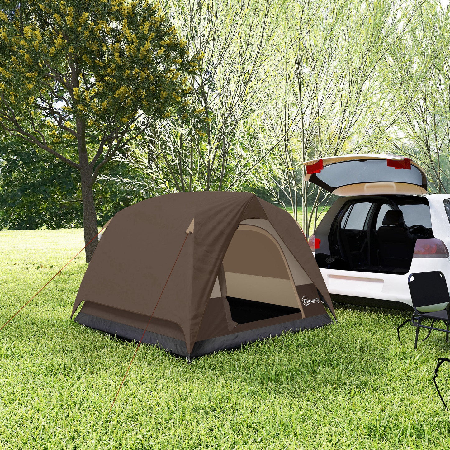 3-4 Person Camping Tent, Easy Set Up 3-4 Man Tent w/ Sewn-in Groundsheet, Waterproof Dome Tent w/ Mesh Windows, Brown