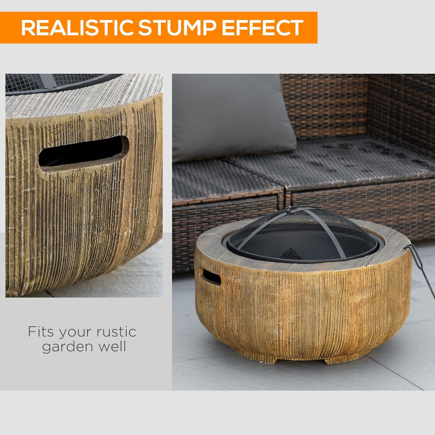 Outdoor Fire Pit, 61.5 cm Metal Wood Burning Fireplace with Spark Cover, Poker, Woodgrain Design