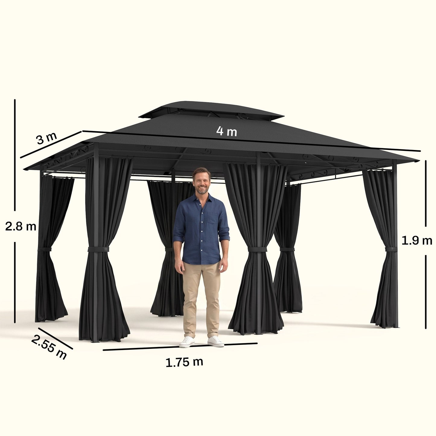 3 x 4m Steel Gazebo, with Curtains - Black