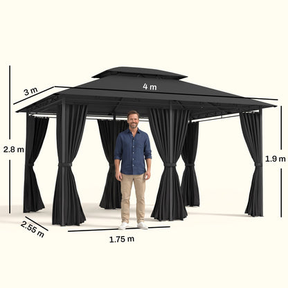 3 x 4m Steel Gazebo, with Curtains - Black