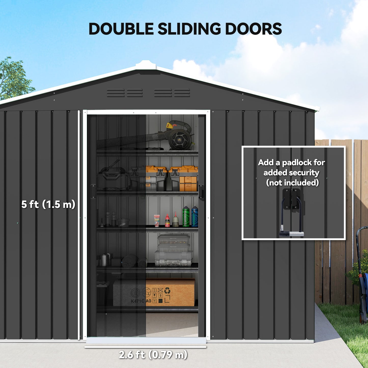 8 x 6ft Galvanised Steel Shed, with Double Door - Dark Grey